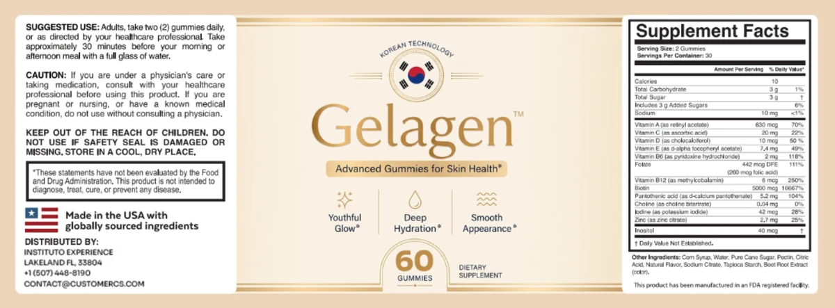 Gelagen bottle label with full Supplement Facts panel